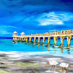 Florida Kunst Meer Gemälde Strand Wand Kunst Florida Strand Vögel Original Ölgemälde Florida Neapel Pier impressionistische Ozean Wand Kunst