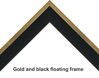 May include: Gold and black floating frame. The frame has a thin gold border and a wider black inner border.