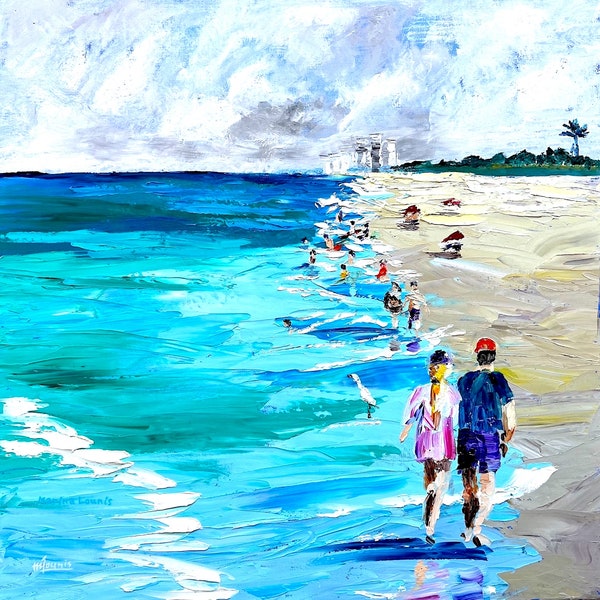 Beach People Painting Coastal Wall Art Beach Wall Art Ocean Beach Walk Naples Florida Vacation Art, Custom Portrait Wall Art Modern Wall Art