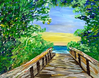 Florida Beach Path Painting: Original Coastal Wall Art or Prints on Canvas, Small Seascape Wall Decor Gift for Him