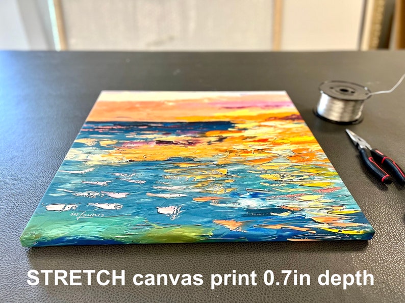 May include: A colorful abstract painting of a seascape with a sunset in the background. The painting is on a stretched canvas with a 0.7 inch depth.
