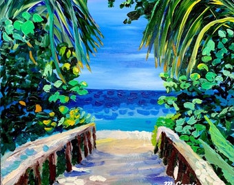 May include: A painting of a wooden walkway leading to a beach with blue water and green palm trees on either side. The sky is blue and the sand is white. The painting is signed "M. Lounis" in the lower right corner.