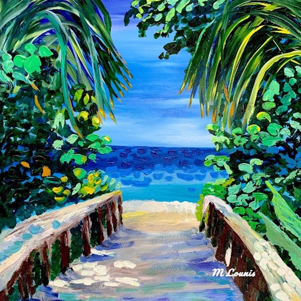 Beach Wall Art Original Painting Florida Naples Vanderbilt Beach Art Walkway Seascape Tropical Coastal Wall Art Florida Artist Marina Lounis