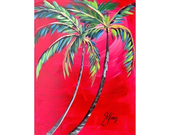 Tropical Palm Tree Painting: California Beach Art, Red Accents