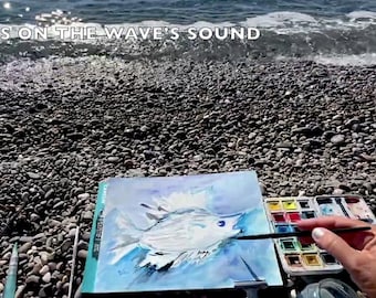 Video Course How to Paint Tutorials; Seascape Art Class "Abstract Fish Watercolor Painting On The Beach"; Do It Yourself 1