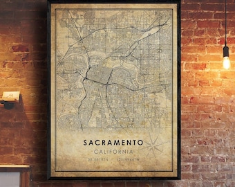 Sacramento Vintage Map Print | Sacramento Map | California Map Art | Sacramento City Road Map Poster | Vintage Gift