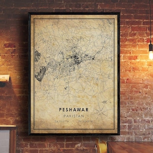 Peshawar Vintage Map Print | Peshawar Pakistan Map | Peshawar City Road Map Poster Canvas