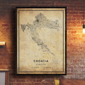 Croatie Carte Imprimer | Carte de la Croatie | Art de la carte de l’Europe | Affiche de la carte routière de la ville de Croatie | carte cadeau vintage