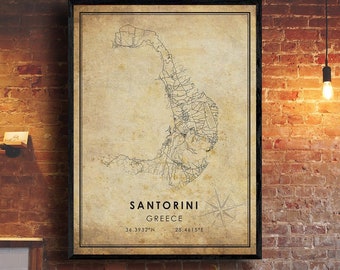 Impresión de mapas de Santorini / Mapa de Santorini / Arte del mapa de Grecia / Cartel del mapa de carreteras de la ciudad de Santorini / Mapa de regalo vintage