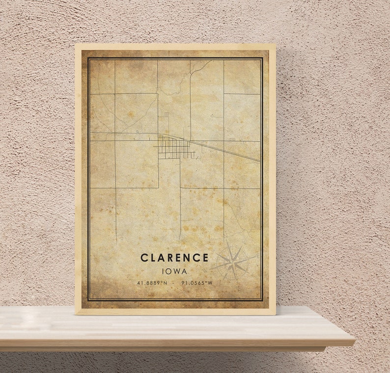 Clarence Vintage Map Print Clarence City Road Map Poster Canvas Clarence Iowa Map