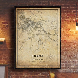 Houma vintage Carte Imprimer | Carte de Houma | Louisiane Carte Art | Affiche de la carte routière de la ville de Houma | carte vintage