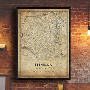 Bethesda Vintage Map Print | Bethesda Map | Maryland Map Art | Bethesda City Road Map Poster | Vintage Gift Map