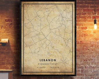 Lebanon Map Print | Lebanon Map | Connecticut Map Art | Lebanon City Road Map Poster | Vintage Gift Map