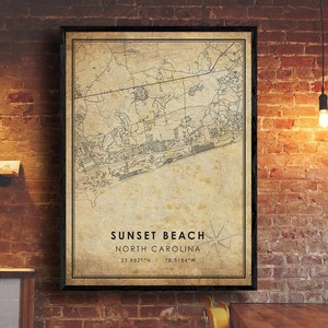 Impression de carte de plage de coucher du soleil | Carte de la plage au coucher du soleil | Caroline du Nord Carte Art | Affiche de carte routière de Sunset Beach City | carte cadeau vintage