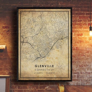 Glenville Vintage Map Print | Glenville Map | Connecticut Map Art | Glenville City Road Map Poster | Vintage Gift Map