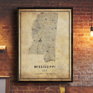 Mississippi Vintage Map Print | Mississippi Map | USA Map Art | Mississippi City Road Map Poster | Vintage Gift Map