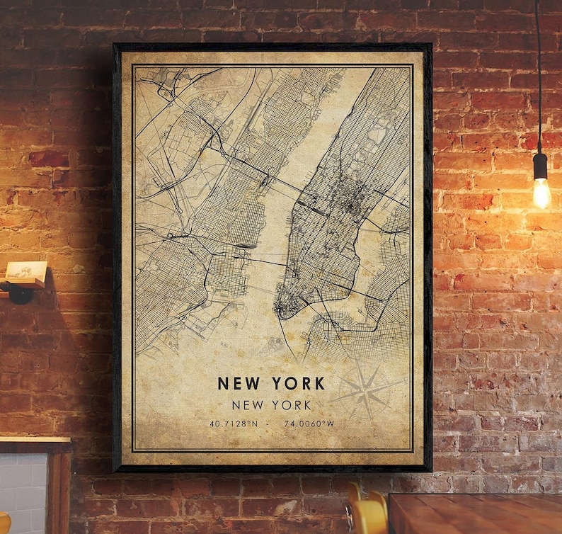 Impression de carte vintage de New York | Carte de New York | Carte de New York | Affiche de la carte routière de la ville de New York | carte cadeau vintage