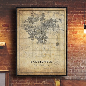 Bakersfield Vintage Map Print | Bakersfield Map | California Map Art | Bakersfield City Road Map Poster | Vintage