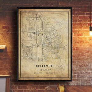 Bellevue Vintage Map Print | Bellevue Map | Bellevue Nebraska City Road Map Poster Canvas