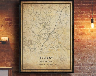 Ellijay Map Print | Ellijay Map | Georgia Map Art | Ellijay City Road Map Poster | Vintage Gift Map