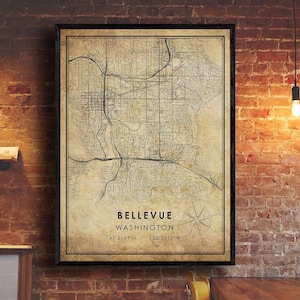 Bellevue Vintage Map Print | Bellevue Map | Washington Map Art | Bellevue City Road Map Poster | Vintage Gift Map