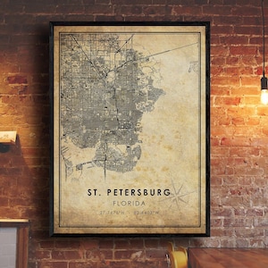 Impression de carte de Saint-Pétersbourg | Carte de Saint-Pétersbourg | Art de la carte de Floride | Affiche de la carte routière de la ville de Saint-Pétersbourg | carte cadeau vintage