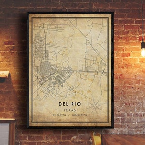 Impresión de mapas vintage de Del Rio / Mapa de Texas de Del Rio / Lienzo de cartel de mapa de carreteras de la ciudad de Del Rio