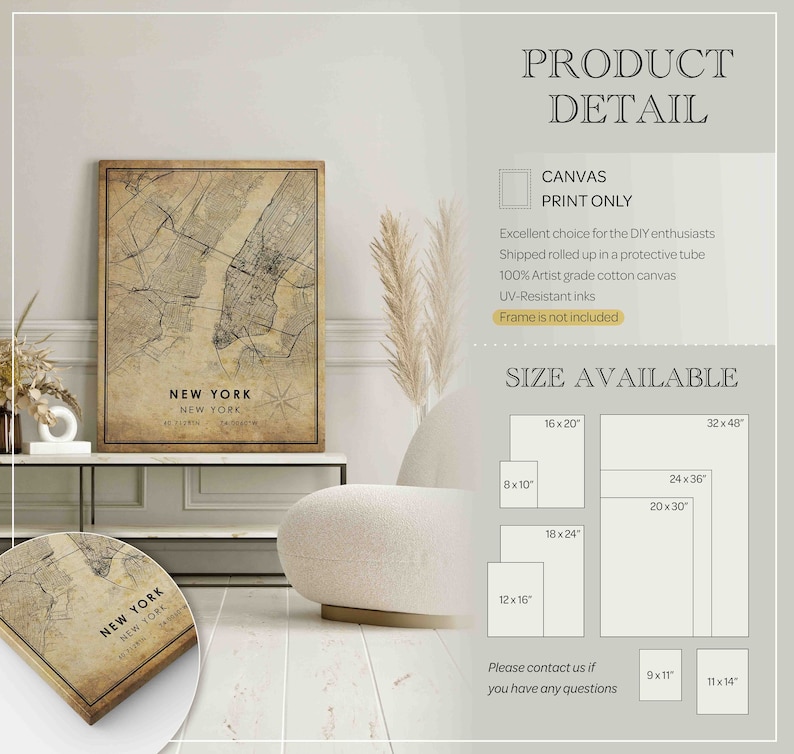 May include: A framed canvas print of a vintage map of New York City. The map is in sepia tones, with the city's layout clearly visible. The print is available in various sizes, including 16 x 20 inches and 24 x 36 inches.