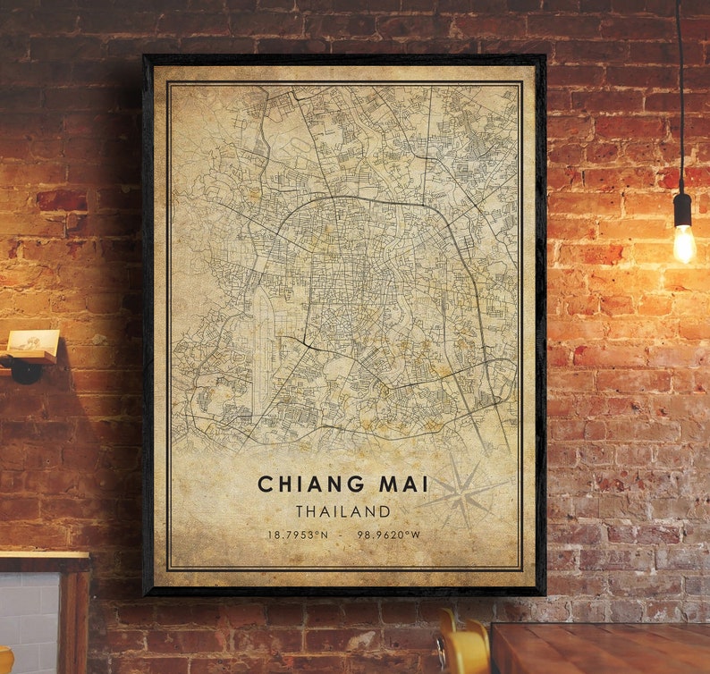 Chiang Mai Vintage Map Print Thailand Map Art Vintage Gift Chiang Mai City Road Map Poster Chiang Mai Map