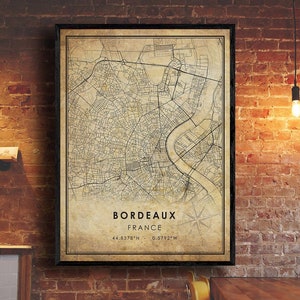 Bordeaux vintage Carte Imprimer | Carte de Bordeaux | France Carte Art | Affiche de carte routière de la ville de Bordeaux | carte cadeau vintage