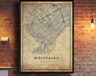 Mississauga Ontario Vintage Map Print | Mississauga Map | Mississauga City Road Map Poster Canvas
