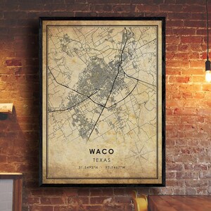 Waco Vintage Map Print | Waco Texas Map | Waco City Road Map Poster Canvas