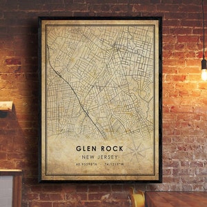 Glen Rock vintage Carte Imprimer | Carte de Glen Rock | Art de la carte du New Jersey | Affiche de la carte routière de la ville de Glen Rock | carte cadeau vintage