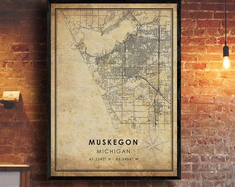 Muskegon Vintage Map Print | Muskegon Map | Michigan Map Art | Muskegon City Road Map Poster | Vintage