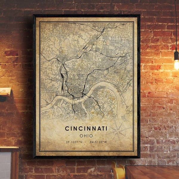 Cincinnati Vintage Map Print | Cincinnati Map | Ohio Map Art | Cincinnati City Road Map Poster | Vintage Gift Map