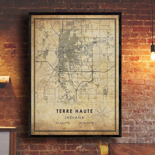 Terre Haute Map Print | Terre Haute Map | Indiana Map Art | Terre Haute City Road Map Poster | Vintage Gift Map