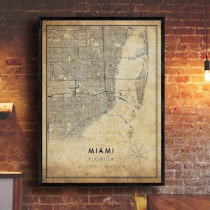 Impression de carte vintage de Miami | Carte de Miami | Art de la carte de Floride | Affiche de la carte routière de la ville de Miami | carte cadeau vintage