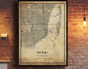 Miami Vintage Map Print | Miami Map | Florida Map Art | Miami City Road Map Poster | Vintage Gift Map
