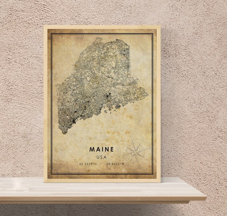 Maine City Road Map Poster Maine Vintage Map Print Maine Map