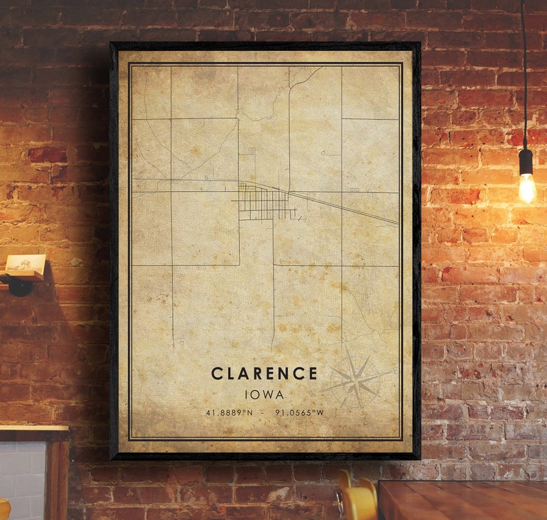 Clarence Vintage Map Print Clarence City Road Map Poster Canvas Clarence Iowa Map