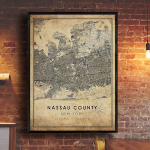 Impression de carte vintage du comté de Nassau | Carte du comté de Nassau | Art de la carte de New York | Affiche de la carte routière du comté de Nassau | carte cadeau vintage