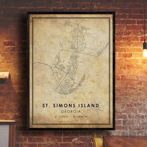 Impression de carte de l’île St. Simons | Carte de l'île Saint-Simons | Géorgie Carte Art | Affiche de la carte routière de l’île St. Simons | carte cadeau vintage