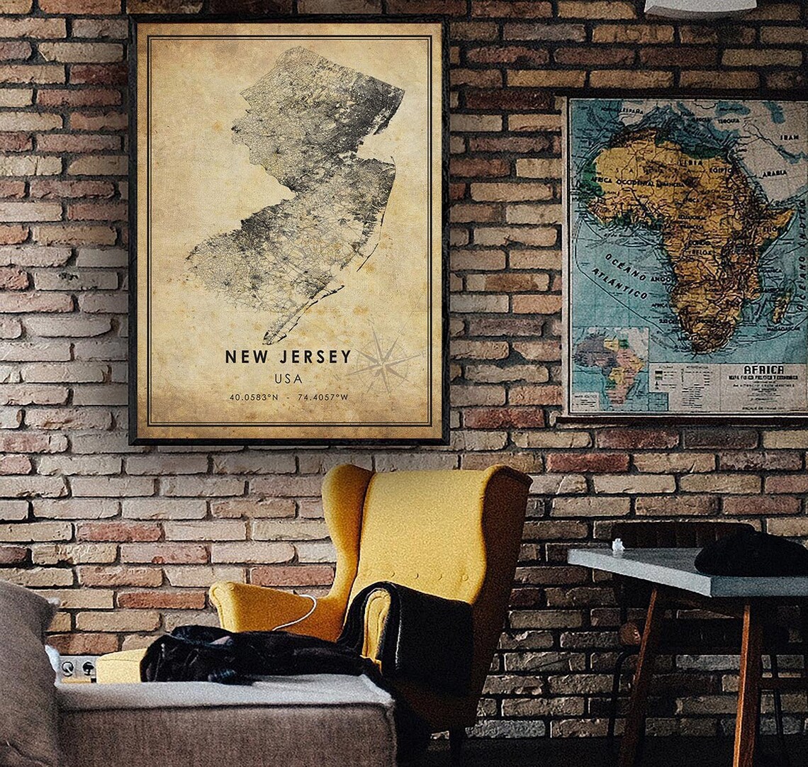 Carte Vintage Du New Jersey 1939 - Reproduction Sur Toile - Déco Murale Ancienne
