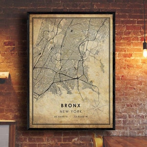 Impression de carte vintage du Bronx | Carte du Bronx | Art de la carte de New York | Affiche de la carte routière de la ville du Bronx | carte cadeau vintage