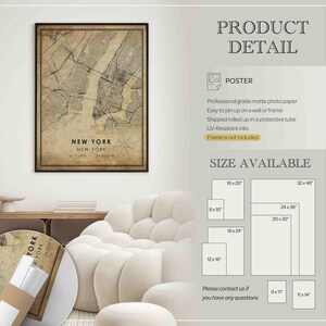 May include: A vintage style map print of New York City with the coordinates 40.7128&deg;N 74.0060&deg;W. The print is available in various sizes, including 8x10 inches, 12x16 inches, 16x20 inches, 18x24 inches, 20x30 inches, 24x36 inches, 32x48 inches, 9x11 inches, and 11x14 inches. The print is made with professional grade matte photo paper and is shipped rolled up in a protective tube.