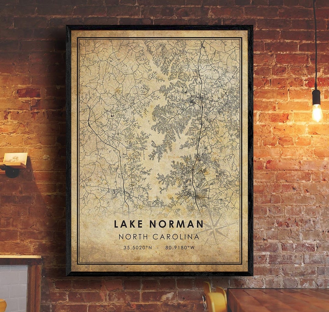Lake Norman Vintage Map Print Lake Norman Map North Carolina Map Art Lake Norman City Road Map