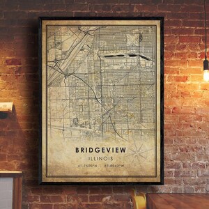 Impression de carte vintage de Bridgeview | Carte de Bridgeview | Art de la carte de l'Illinois | Affiche de la carte routière de la ville de Bridgeview | carte cadeau vintage