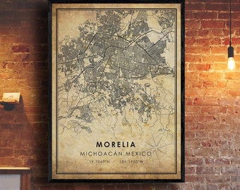 Morelia Vintage Map Print | Morelia Map | Mexico Map Art | Morelia City Road Map Poster | Vintage Gift Map