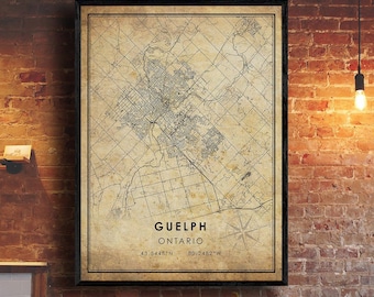 Impression de carte vintage de Guelph | Guelph Ontario Carte Art | Affiche de la carte routière de la ville de Guelph | carte cadeau vintage