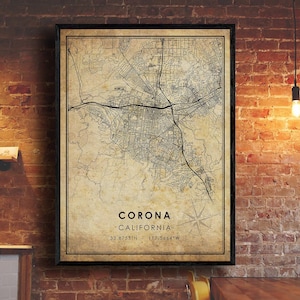 Corona Vintage Map Print | Corona Map | California Map Art | Corona City Road Map Poster | Vintage Gift Map